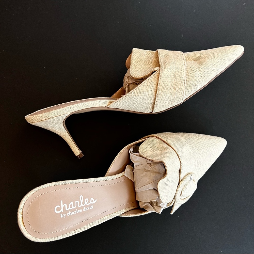 Charles David Neutral Tan Fabric Big Buckle Kitten Heel Mule Sandals